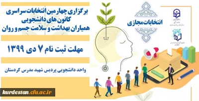  به صورت الکترونیکی برگزار می کند؛

چهارمین دوره انتخابات کانون دانشجویی همیاران بهداشت و سلامت جسم و روان