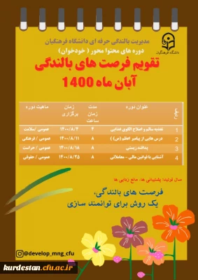 مدیریت بالندگی حرفه ای دانشگاه فرهنگیان اعلام کرد:

تقویم فرصت های بالندگی آبان ماه 1400
