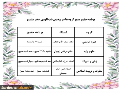 از سوی معاونت آموزشی پردیس بنت الهدی صدر سنندج اعلام شد، 

برنامه حضور مدیران  گروه جهت پاسخگویی به دانشجویان