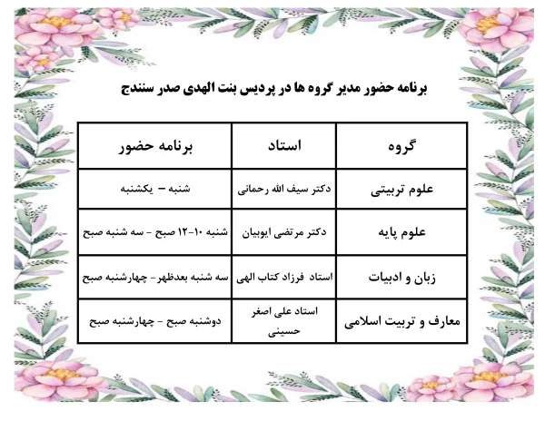 برنامه حضور مدیران  گروه جهت پاسخگویی به دانشجویان 2