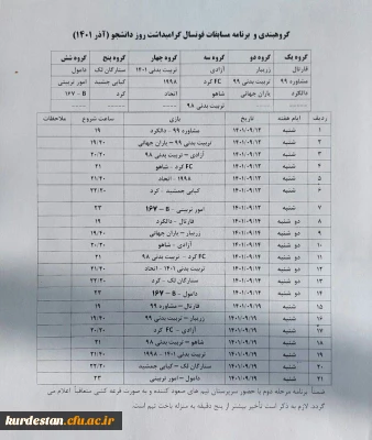 از سوی واحد تربیت بدنی پردیس شهید مدرس اعلام شد،

 گروه بندی و تاریخ شروع مسابقات فوتسال گرامیداشت روز دانشجو 