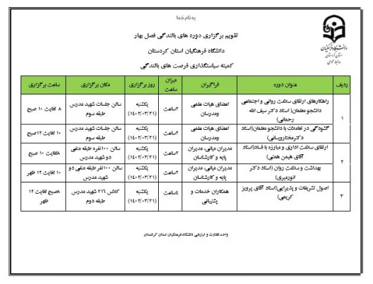 تقویم اجرایی فرصت های بالندگی فصل بهار دانشگاه فرهنگیان استان کردستان 3