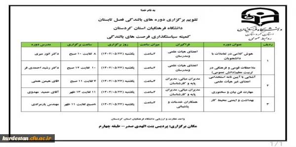 تقویم اجرایی فرصت های بالندگی فصل تابستان دانشگاه فرهنگیان استان کردستان
 2