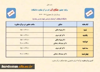 از سوی واحد دانشجویی اعلام شد؛

برنامه حضور مشاوران در مرکز مشاوره پردیس شهید مدرس کردستان